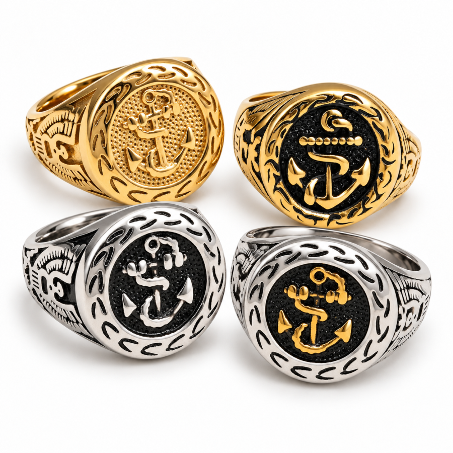 Vintage Anchor Pattern Signet Ring Nautical Jewelry for Men | D00256