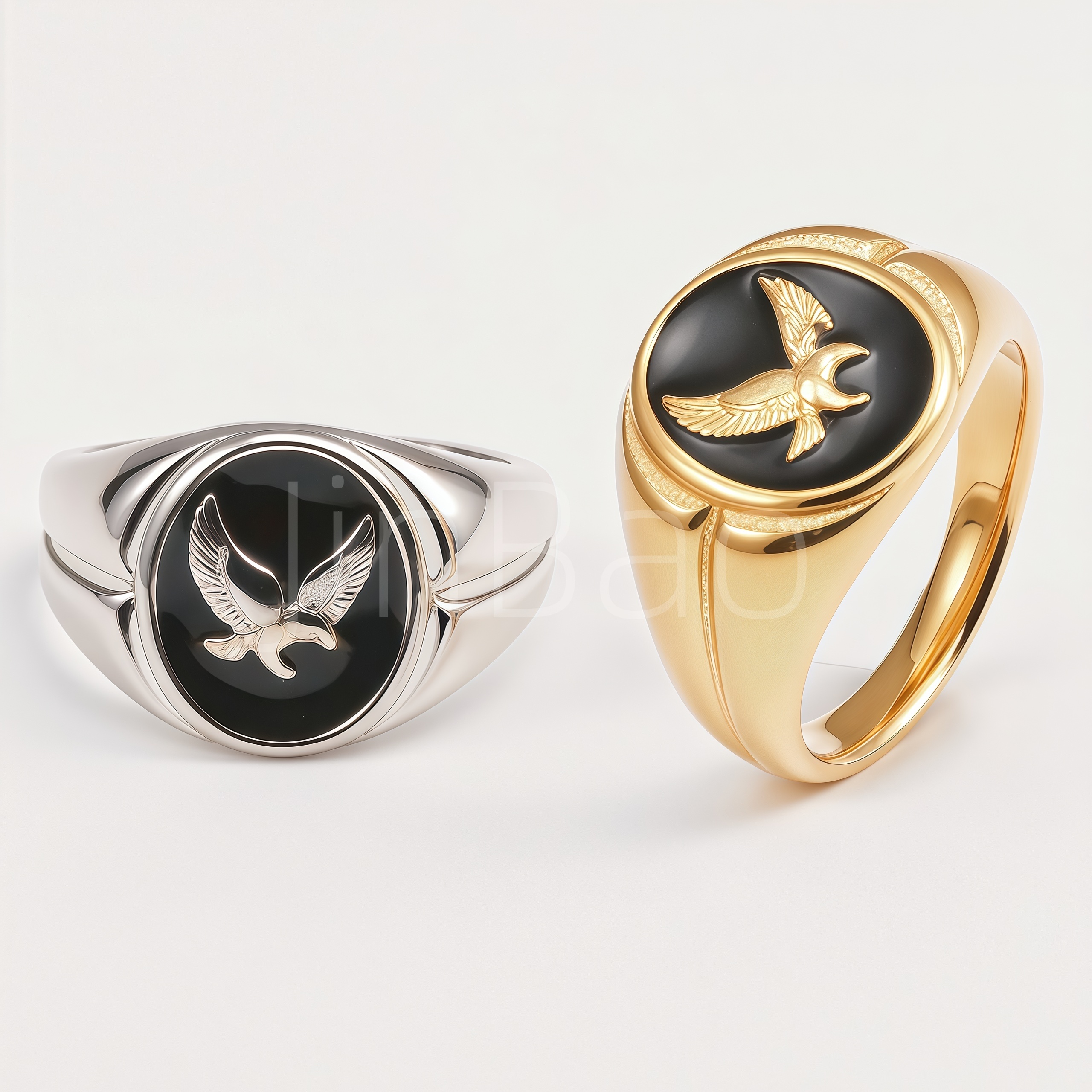 Black Enamel Eagle Embossed Vintage Signet Ring for Men | D0492