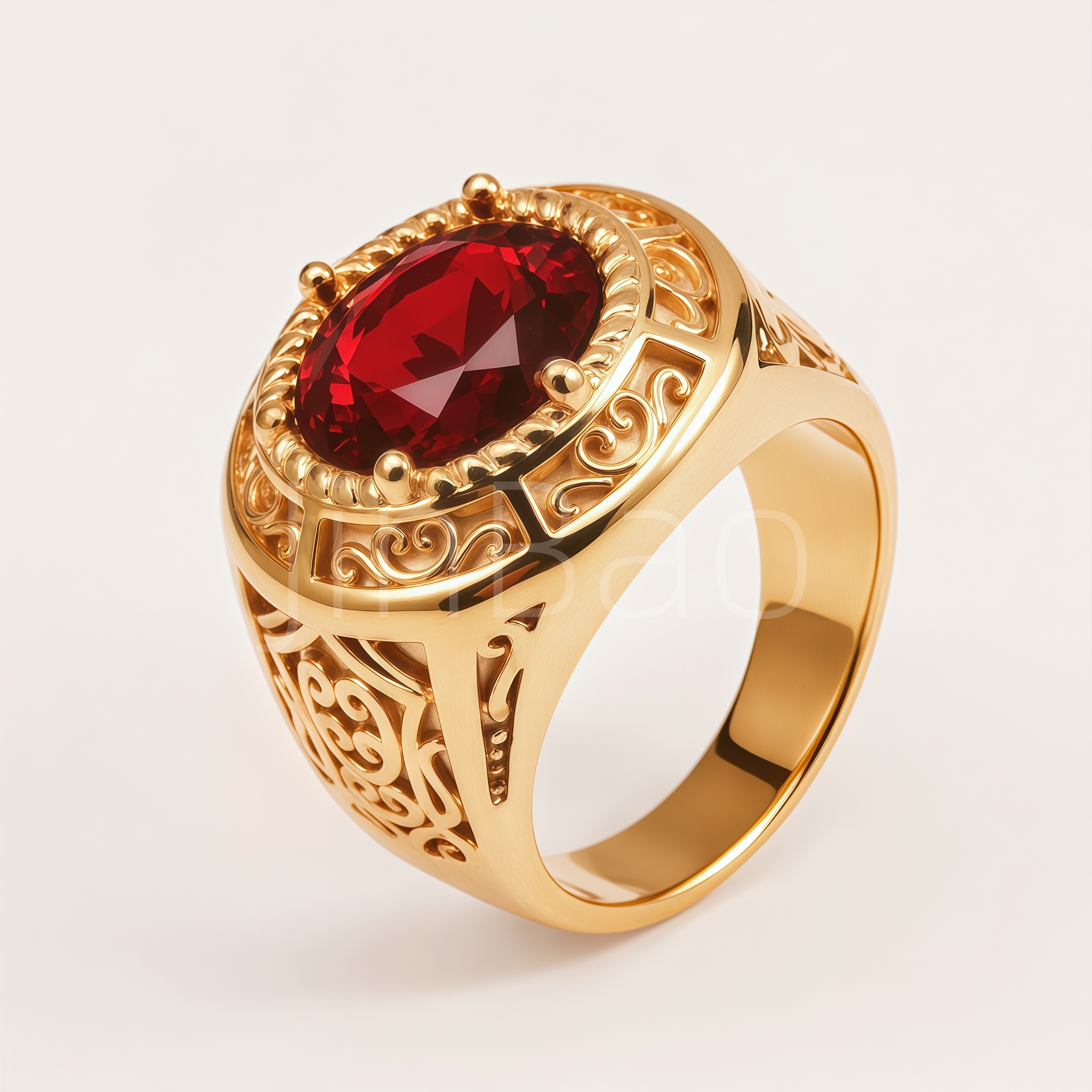 Vintage Filigree Carved Oval Red Gem Signet Ring for Men | B131