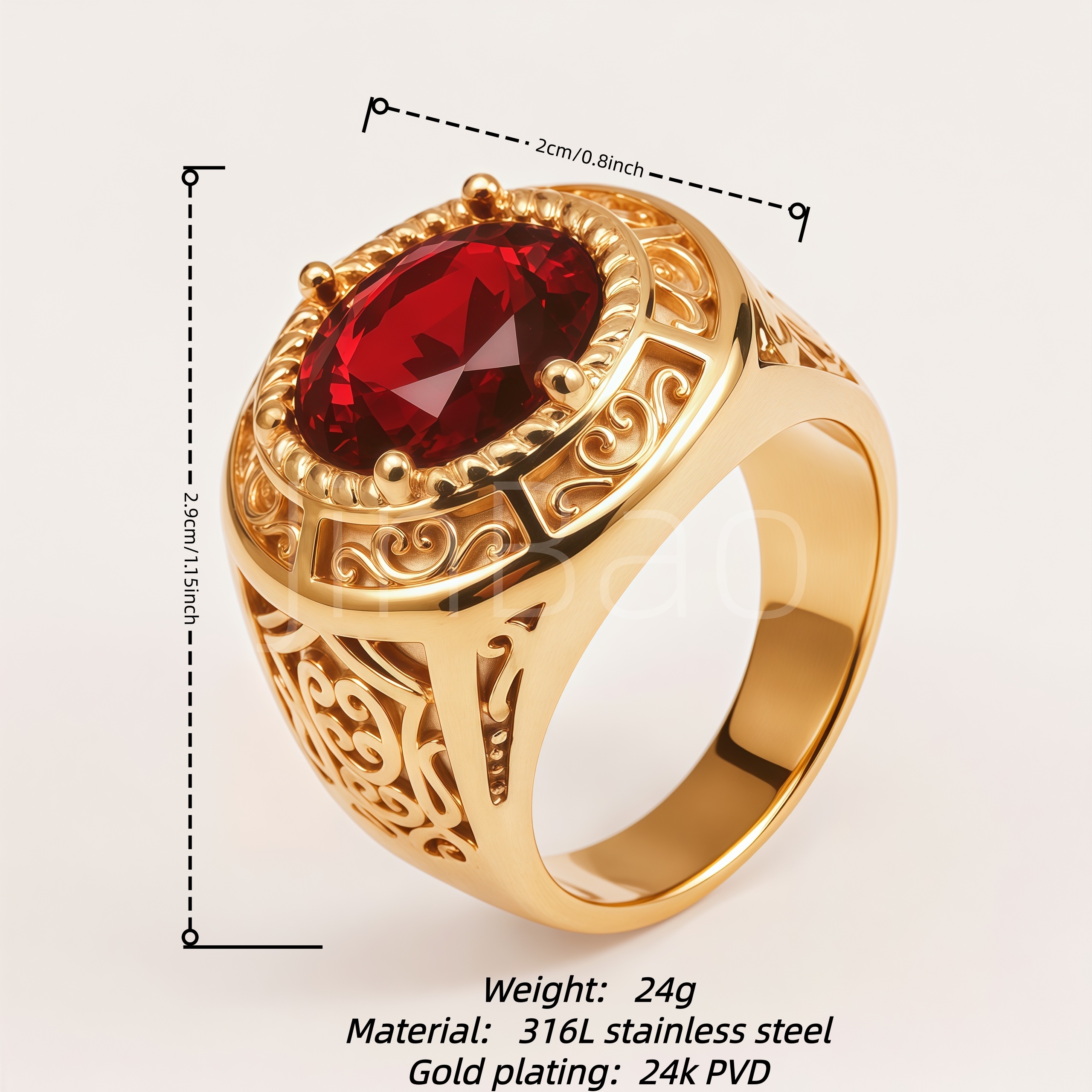 Vintage Filigree Carved Oval Red Gem Signet Ring for Men | B131