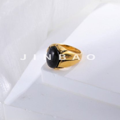 Classic Black Gemstone Design Ring Men's Stainless Steel Ring | K00905-JinBaoJewerly
