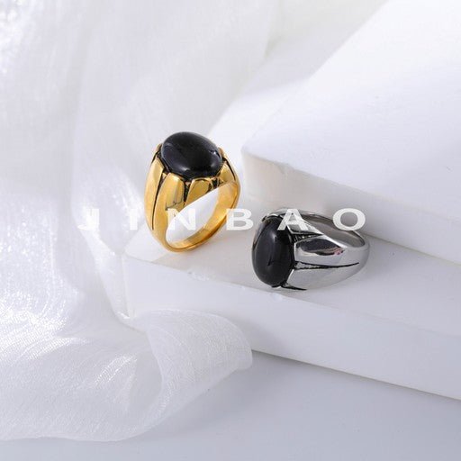 Classic Black Gemstone Design Ring Men's Stainless Steel Ring | K00905-JinBaoJewerly