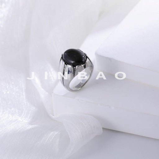 Classic Black Gemstone Design Ring Men's Stainless Steel Ring | K00905-JinBaoJewerly