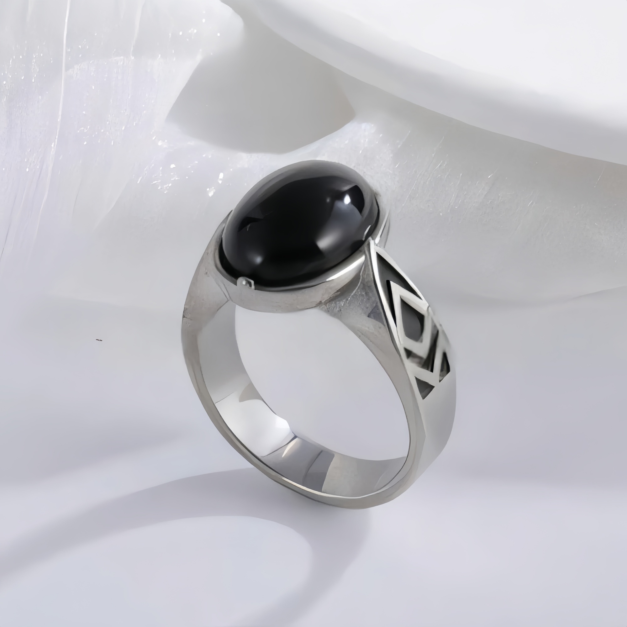 Classic Black Gemstone Ring Stylish Geometric Design Stainless Steel Ring for Men | K00738-JinBaoJewerly