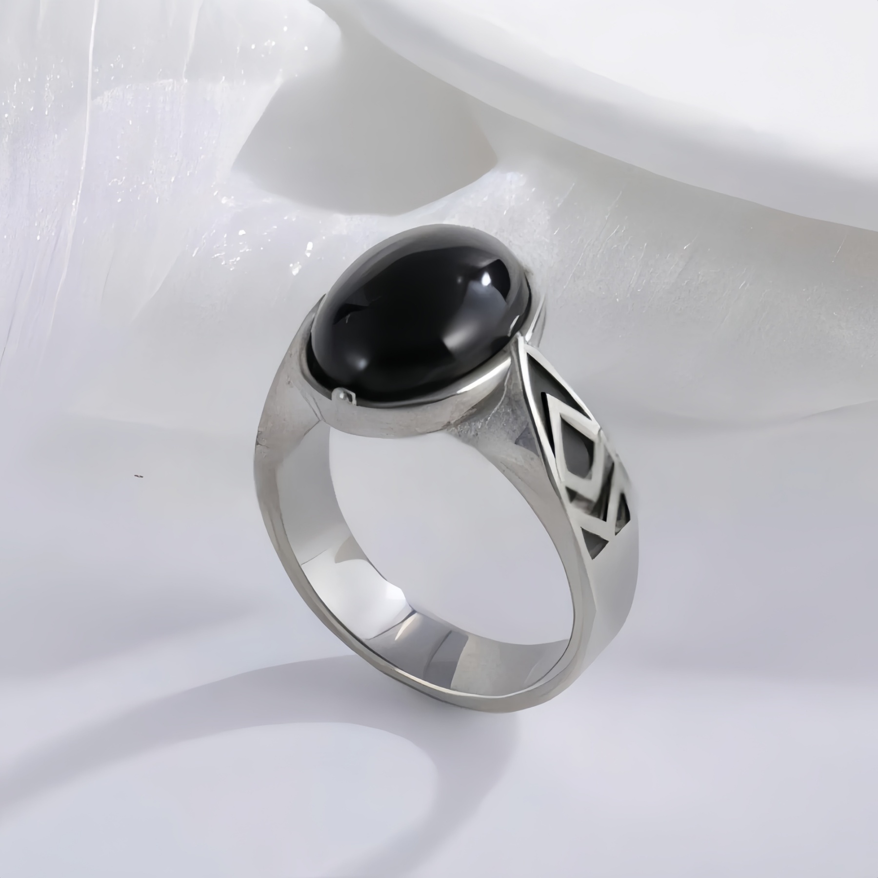 Classic Black Gemstone Ring Stylish Geometric Design Stainless Steel Ring for Men | K00738-JinBaoJewerly