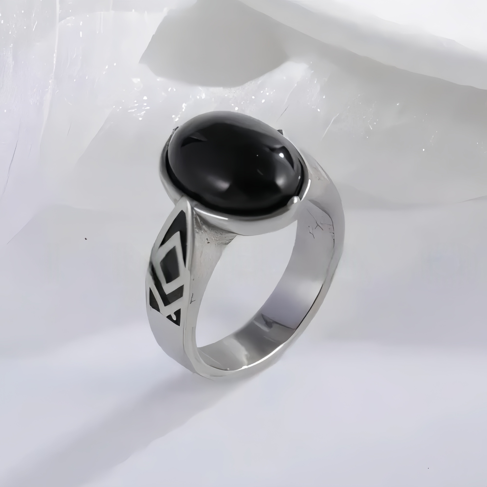Classic Black Gemstone Ring Stylish Geometric Design Stainless Steel Ring for Men | K00738-JinBaoJewerly