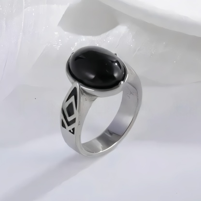 Classic Black Gemstone Ring Stylish Geometric Design Stainless Steel Ring for Men | K00738-JinBaoJewerly