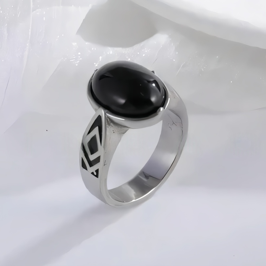 Classic Black Gemstone Ring Stylish Geometric Design Stainless Steel Ring for Men | K00738