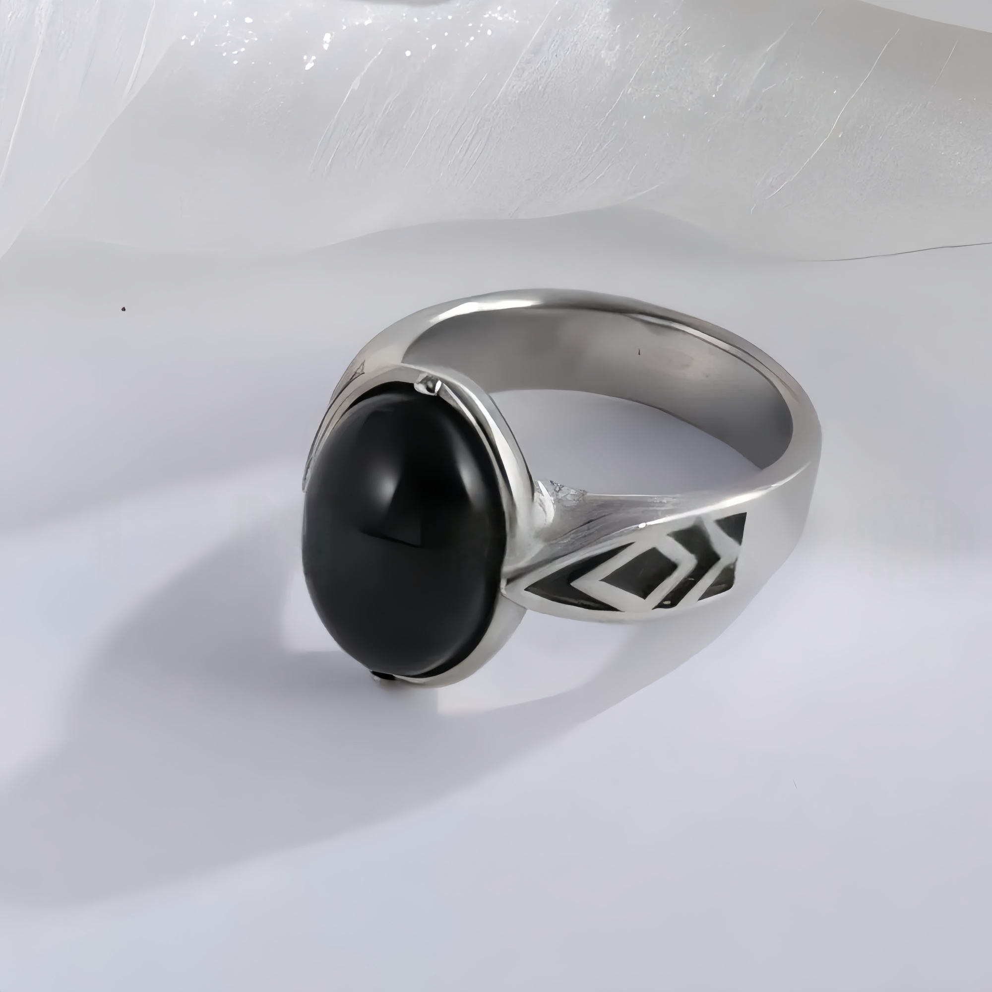 Classic Black Gemstone Ring Stylish Geometric Design Stainless Steel Ring for Men | K00738-JinBaoJewerly