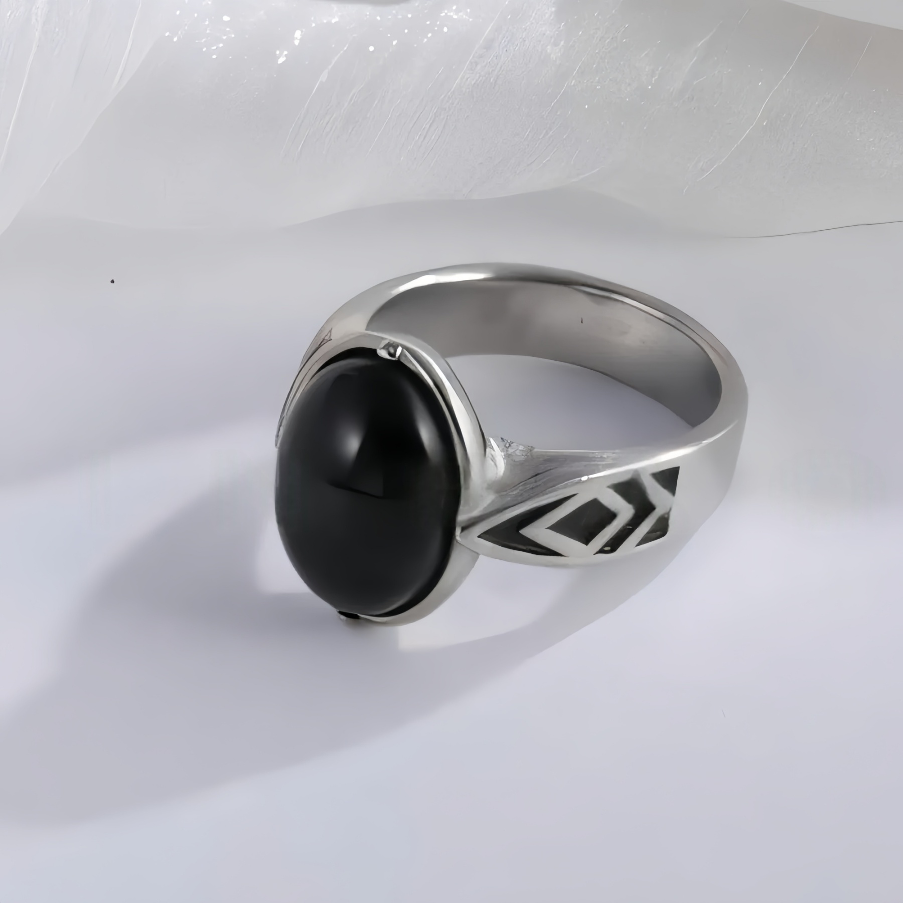 Classic Black Gemstone Ring Stylish Geometric Design Stainless Steel Ring for Men | K00738-JinBaoJewerly