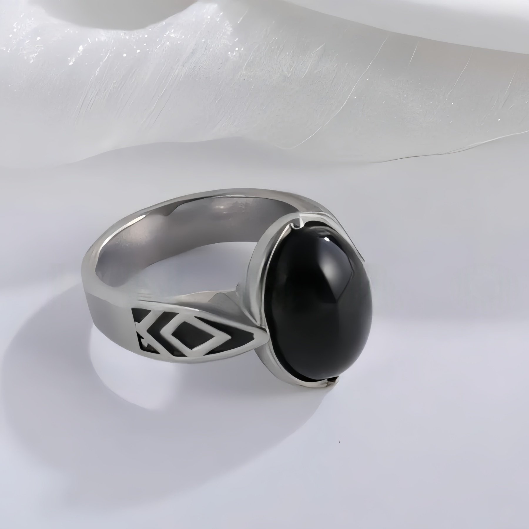Classic Black Gemstone Ring Stylish Geometric Design Stainless Steel Ring for Men | K00738-JinBaoJewerly