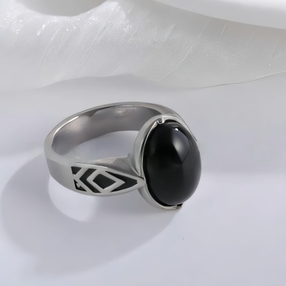 Classic Black Gemstone Ring Stylish Geometric Design Stainless Steel Ring for Men | K00738-JinBaoJewerly