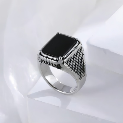 Classic Black Onyx Ring Stainless Steel Square Signet Design for Men | K002773-JinBaoJewerly