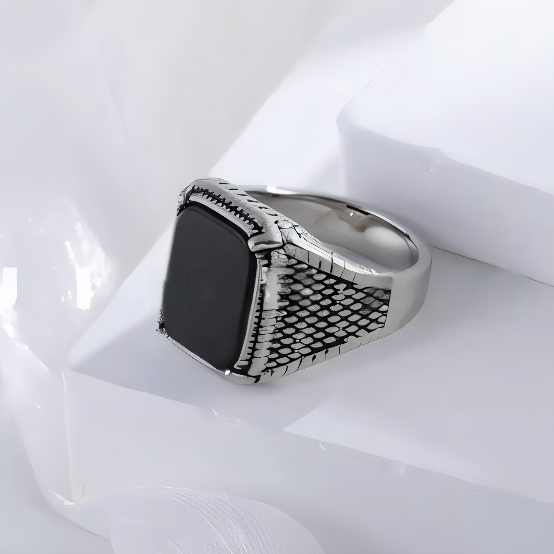 Classic Black Onyx Ring Stainless Steel Square Signet Design for Men | K002773-JinBaoJewerly
