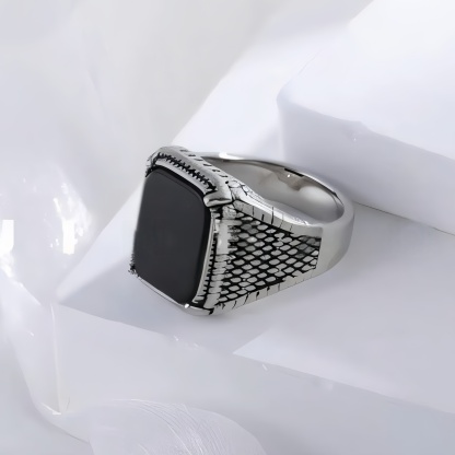 Classic Black Onyx Ring Stainless Steel Square Signet Design for Men | K002773-JinBaoJewerly