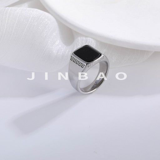 Classic Square Black Gemstone Ring Retro Greek Pattern Styles for Men | K00616-JinBaoJewerly