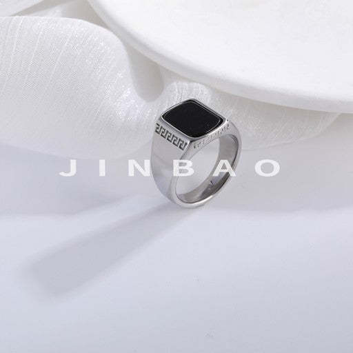Classic Square Black Gemstone Ring Retro Greek Pattern Styles for Men | K00616-JinBaoJewerly