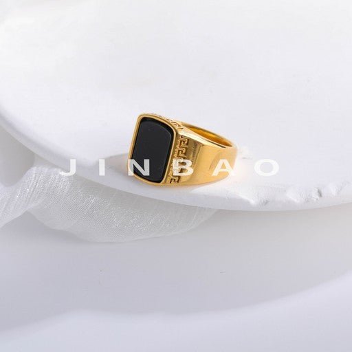 Classic Square Black Gemstone Ring Retro Greek Pattern Styles for Men | K00616-JinBaoJewerly