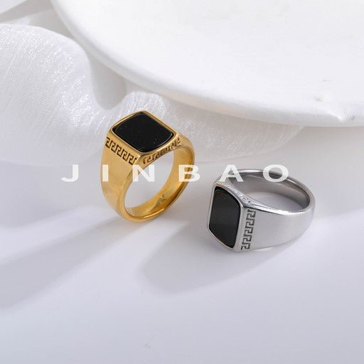 Classic Square Black Gemstone Ring Retro Greek Pattern Styles for Men | K00616-JinBaoJewerly
