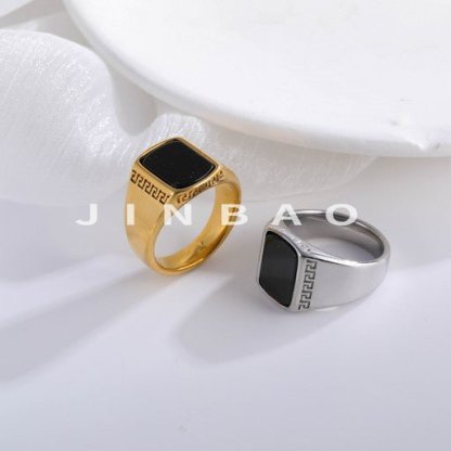 Classic Square Black Gemstone Ring Retro Greek Pattern Styles for Men | K00616-JinBaoJewerly