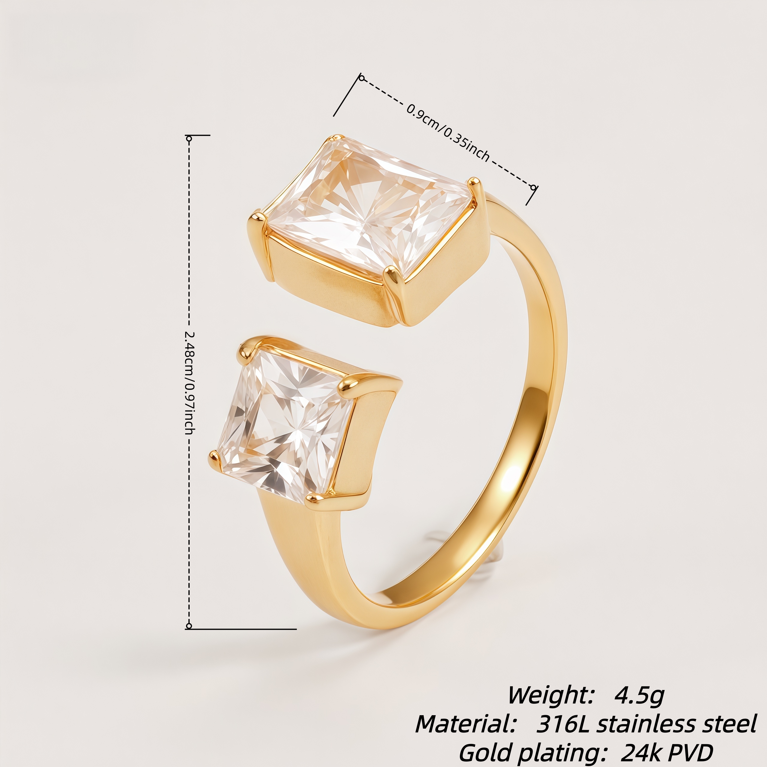 Women's Gold-Tone Square Double Gemstone Open Ring