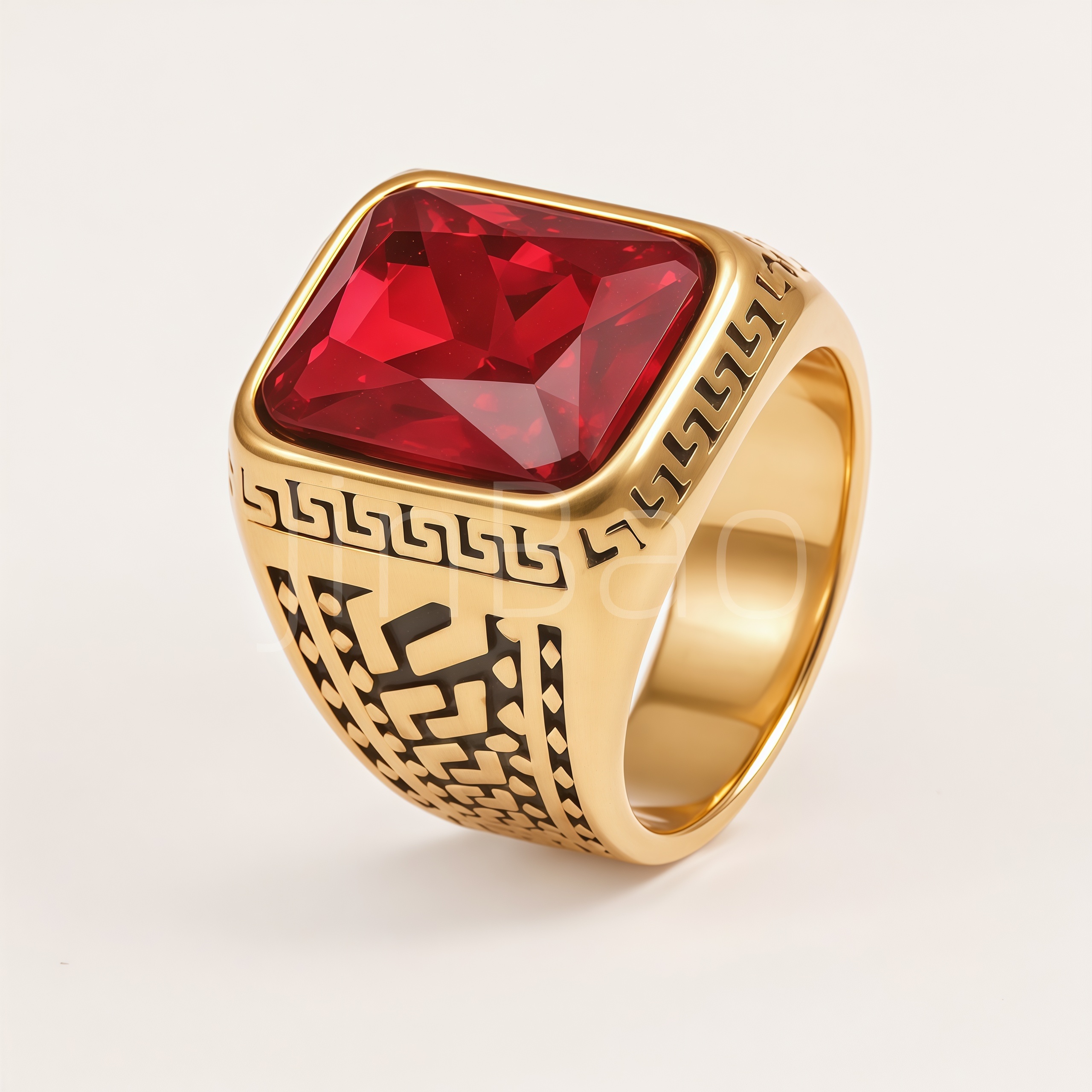 Vintage Greek Key Engraved Square Gemstone Signet Ring for Men | B135