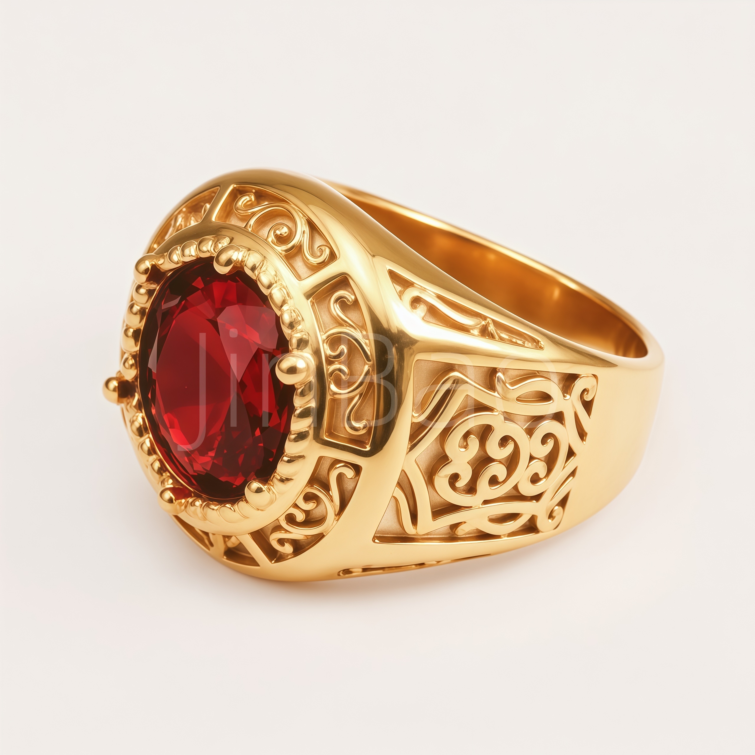 Vintage Filigree Carved Oval Red Gem Signet Ring for Men | B131