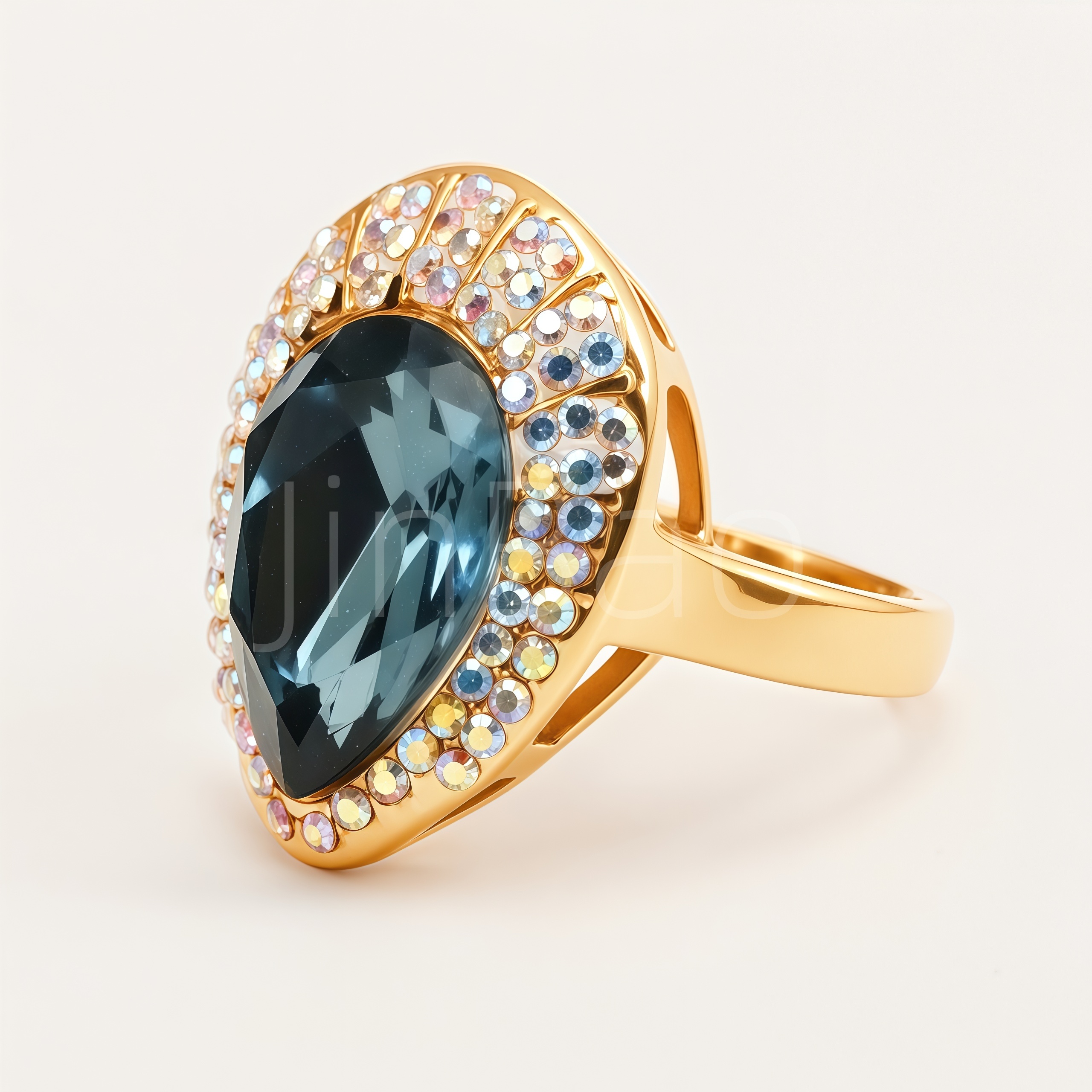 Bold Cushion Grey Blue Gem Halo Statement Women's Ring | E00170