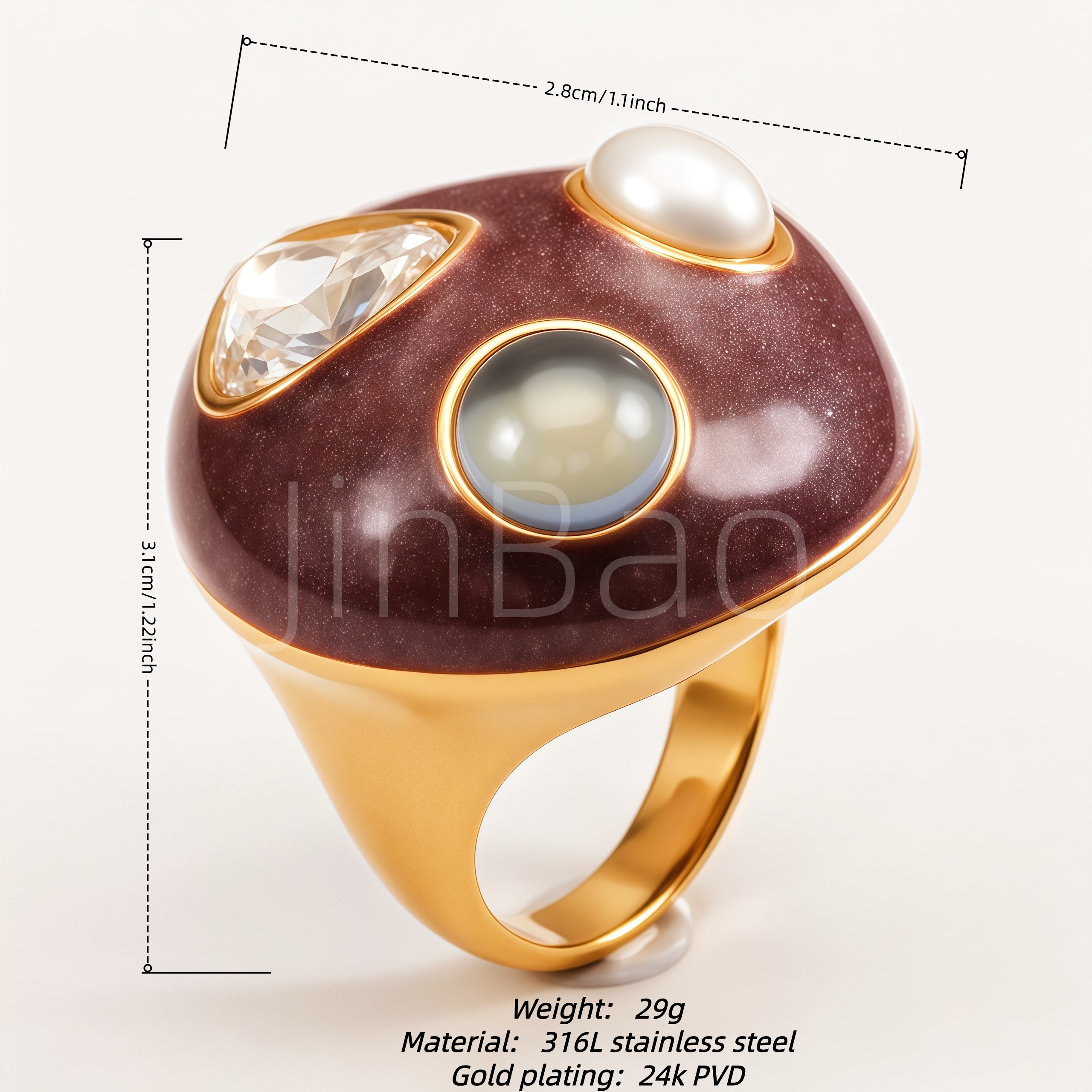 Vintage Glitter Burgundy Enamel Dome Statement Women's Ring | G004562