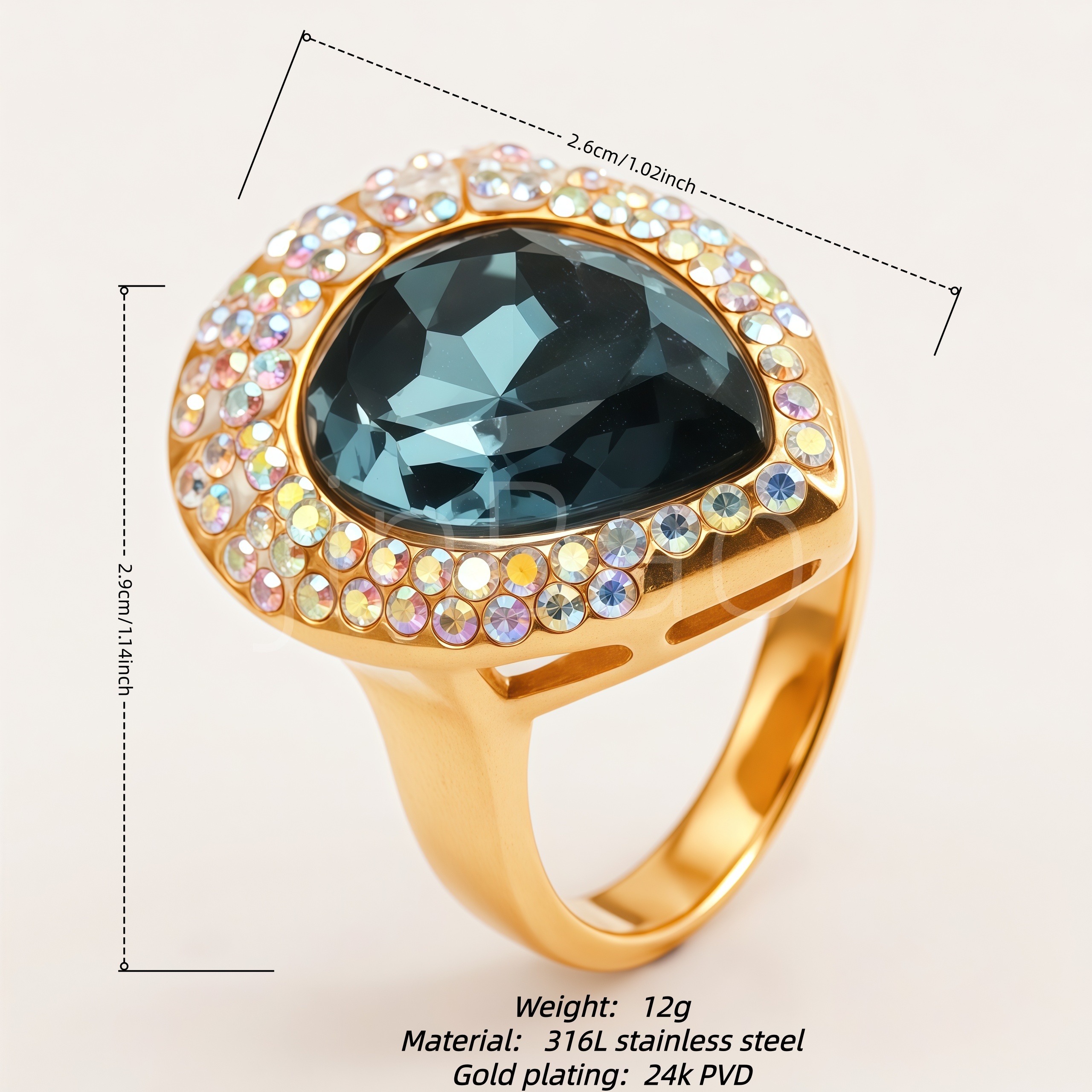 Bold Cushion Grey Blue Gem Halo Statement Women's Ring | E00170