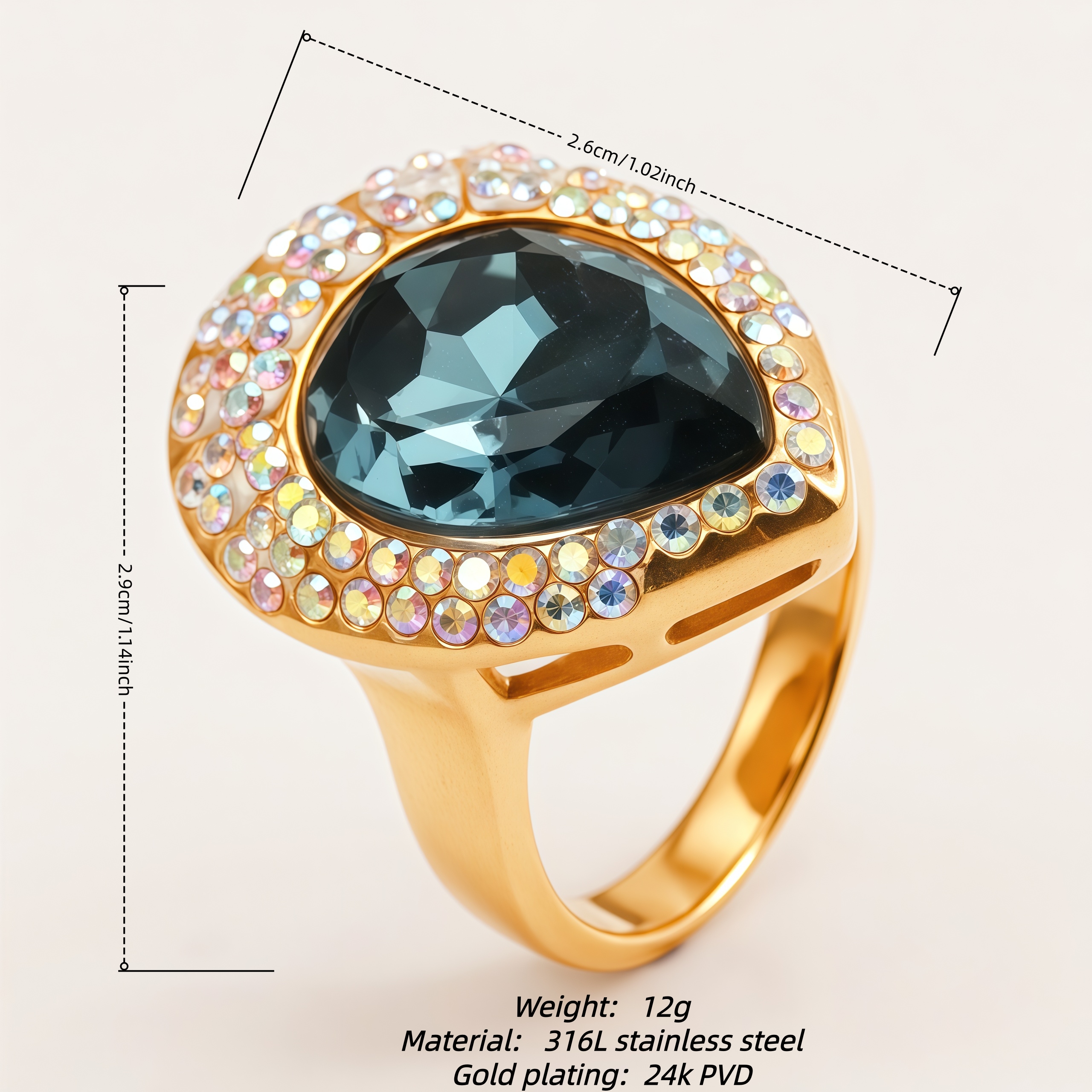 Bold Cushion Grey Blue Gem Halo Statement Women's Ring | E00170