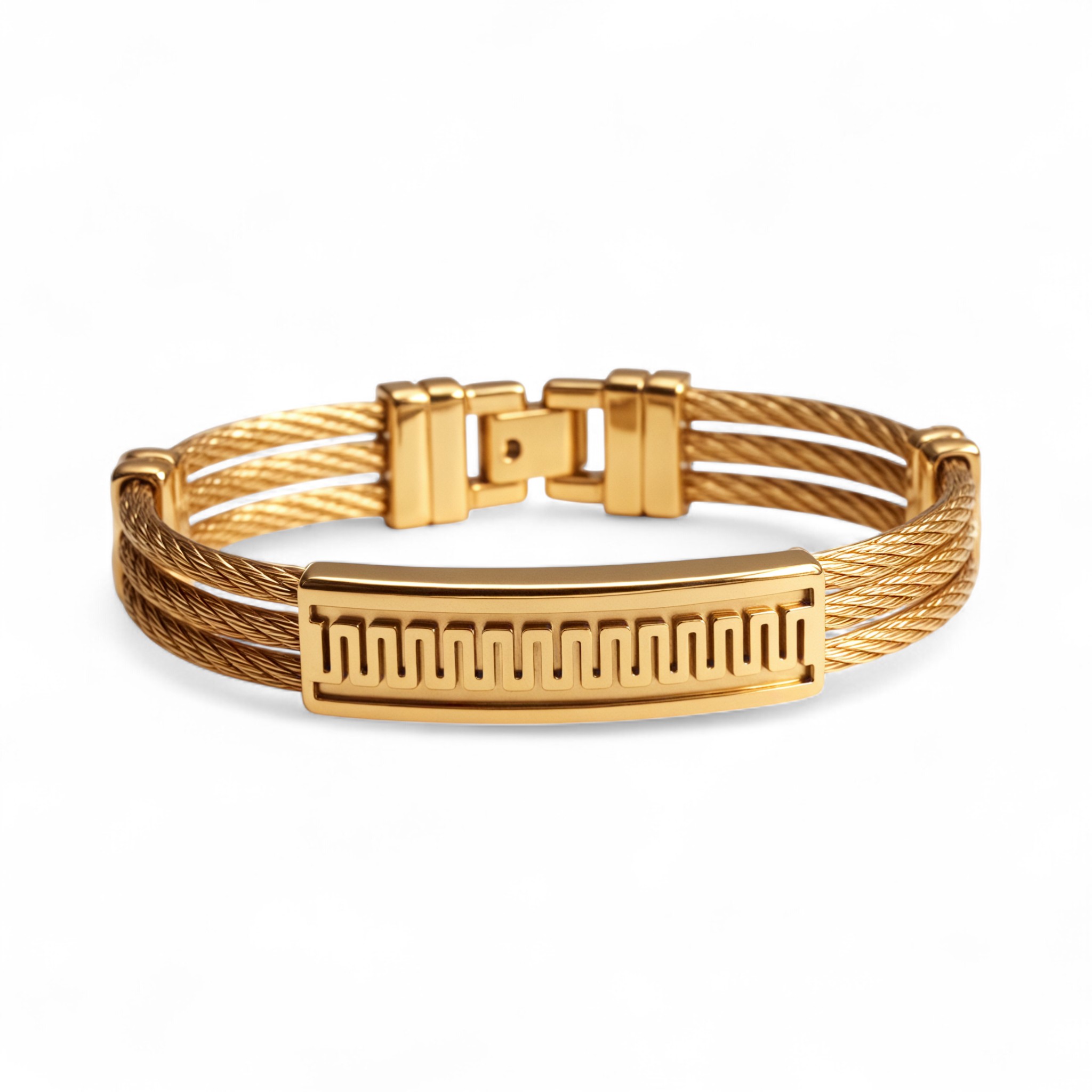 Unisex Geometric Engraved Gold Tone Cable Wire Open Bangle