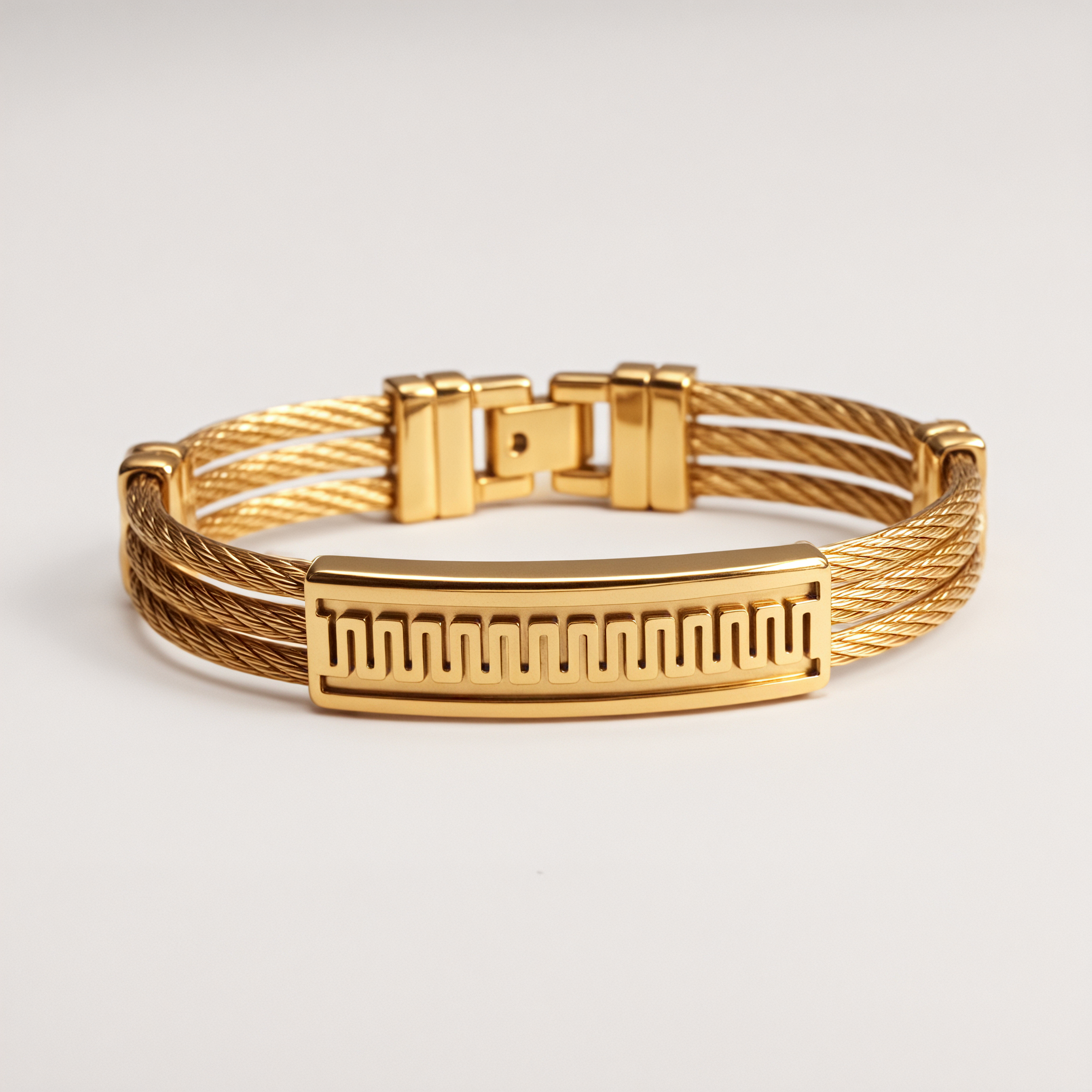 Unisex Geometric Engraved Gold Tone Cable Wire Open Bangle