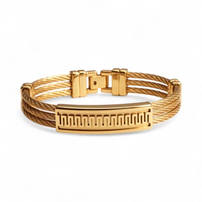 Unisex Geometric Engraved Gold Tone Cable Wire Open Bangle