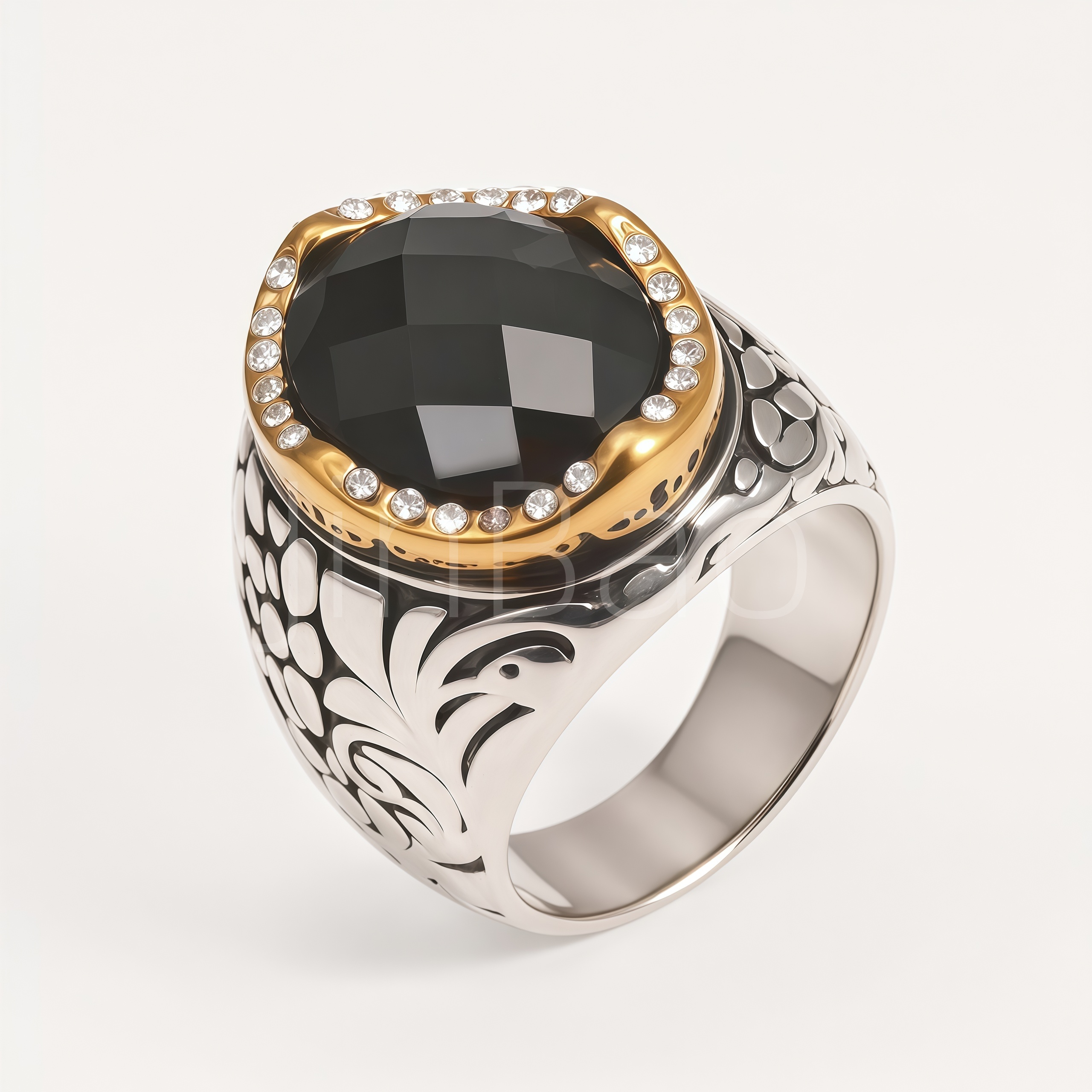 Vintage Engraved Black Gemstone CZ Men Signet Ring | B210