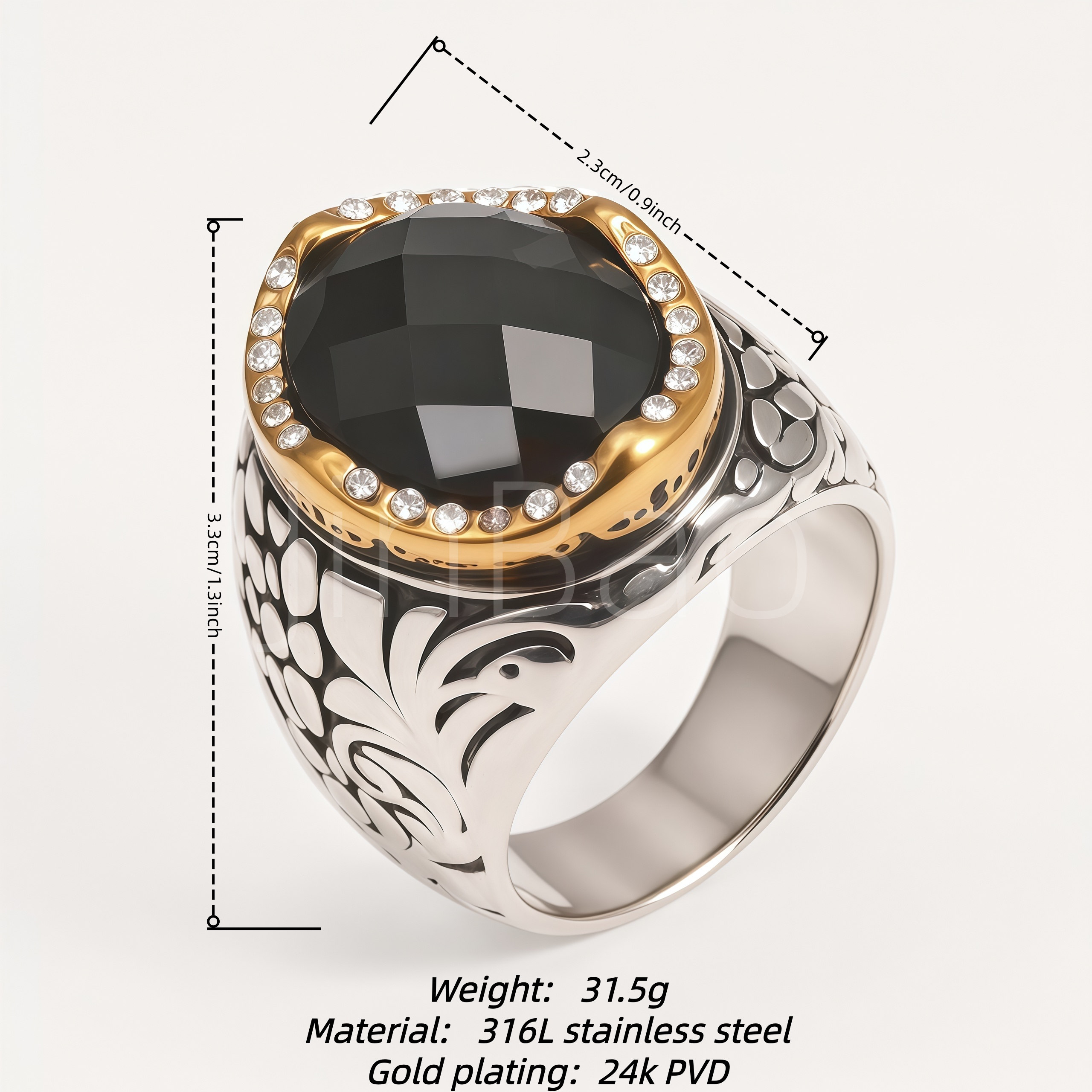 Vintage Engraved Black Gemstone CZ Men Signet Ring | B210