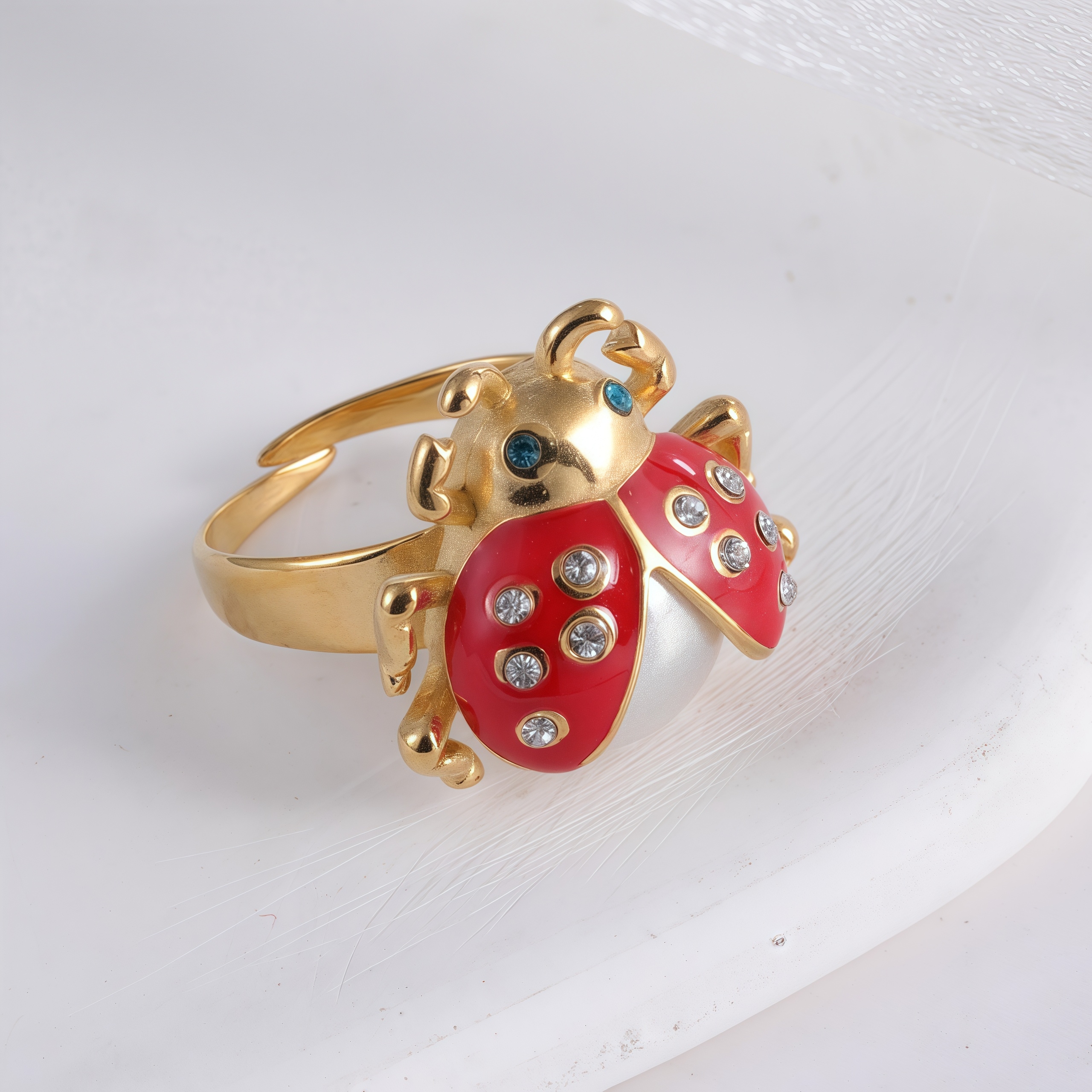 Cute lucky diamond-encrusted ladybug stainless steel Waterproof Waterproof Ring丨K007541J-JinBaoJewerly
