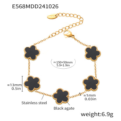 Multicolor Agate Five Petal Flower Stainless Steel Bracelet Light Luxury Gift for Best Friends Floral Chain Jewelry