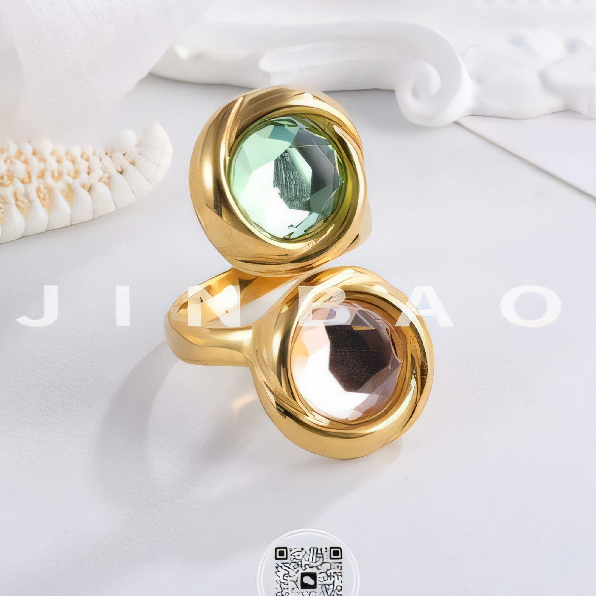 Elegant Stainless Steel Ring with Double Gemstone Design for Women |  G004502-JinBaoJewerly