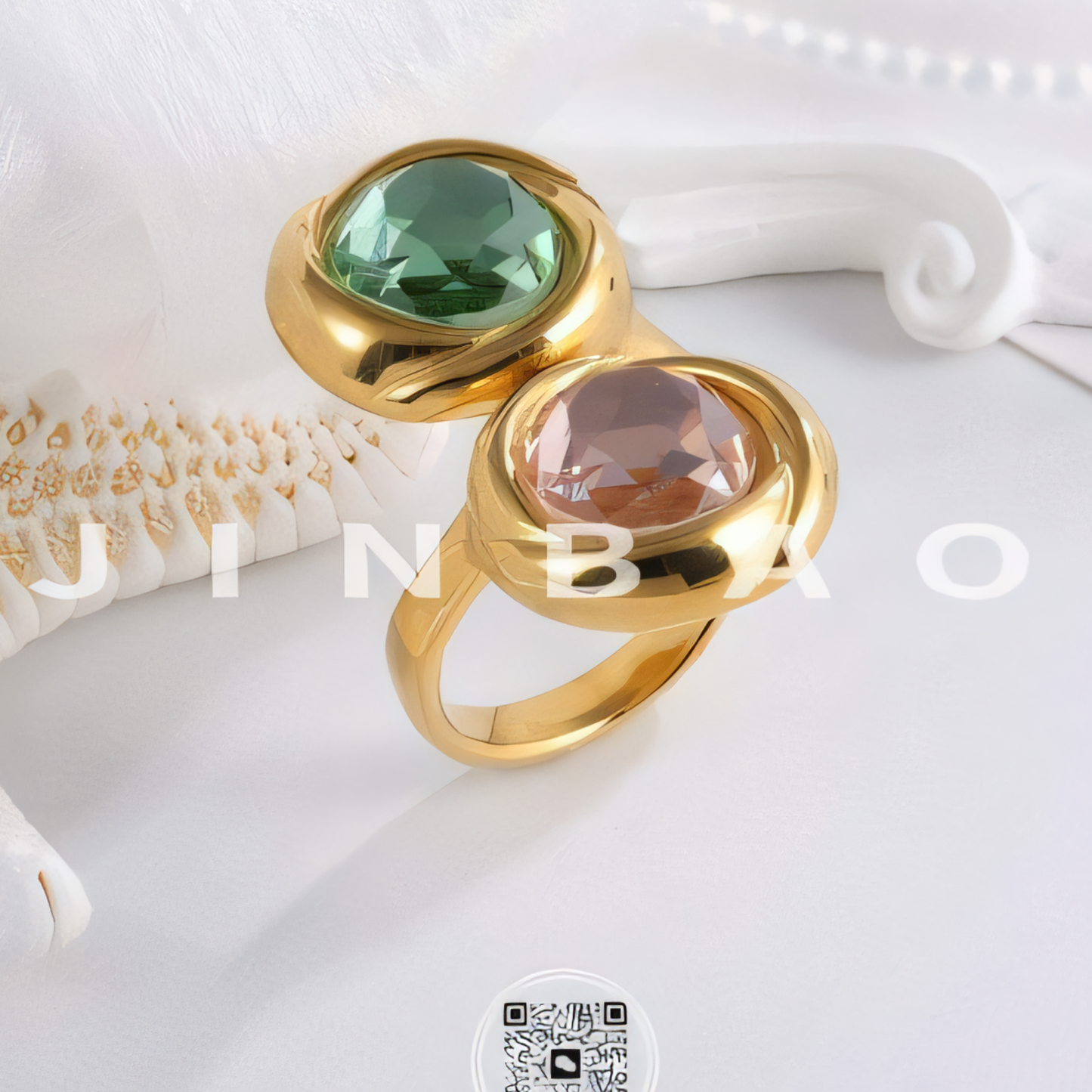 Elegant Stainless Steel Ring with Double Gemstone Design for Women |  G004502-JinBaoJewerly