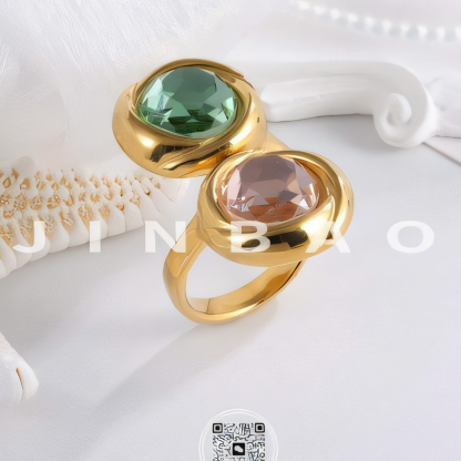 Elegant Stainless Steel Ring with Double Gemstone Design for Women |  G004502-JinBaoJewerly