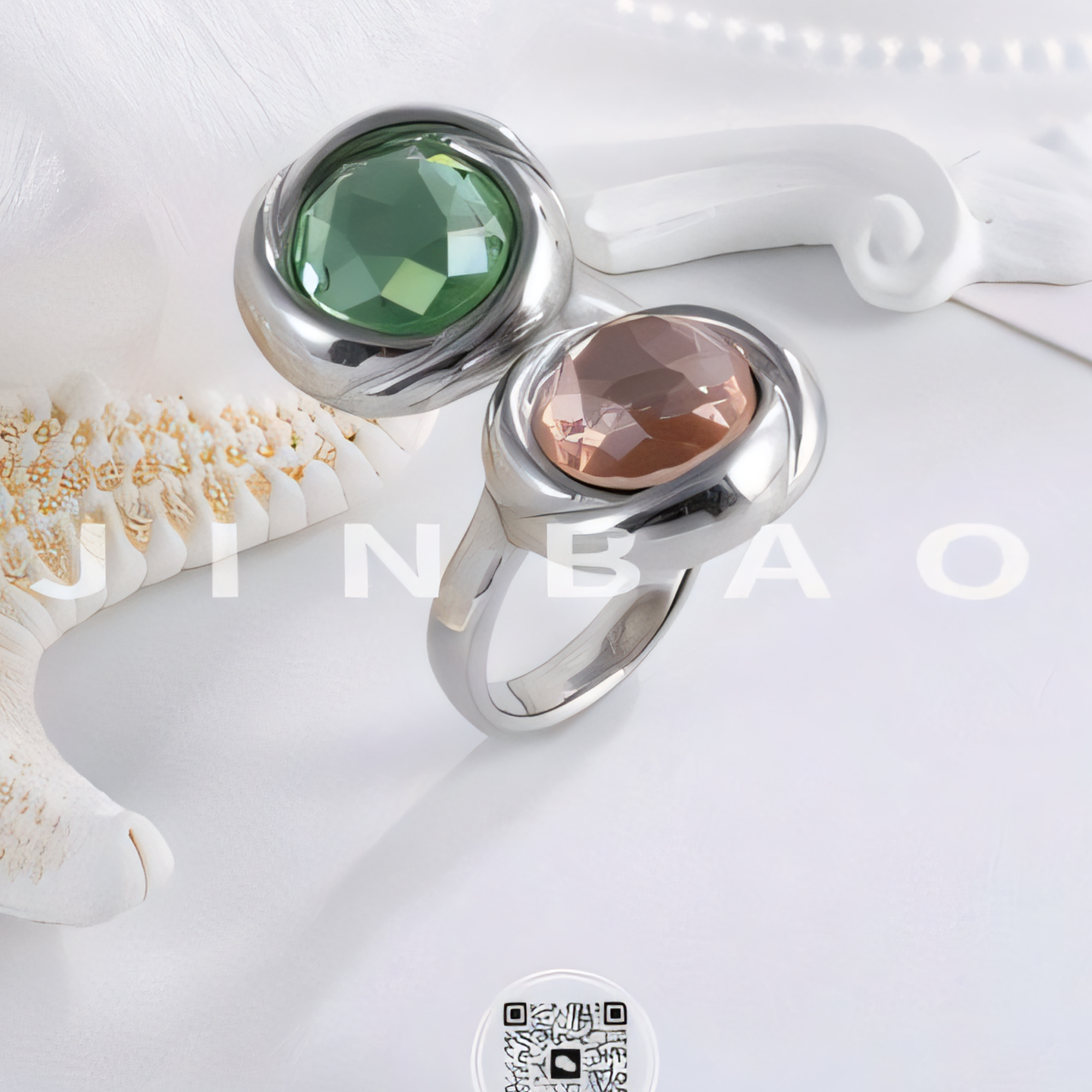 Elegant Stainless Steel Ring with Double Gemstone Design for Women |  G004502-JinBaoJewerly