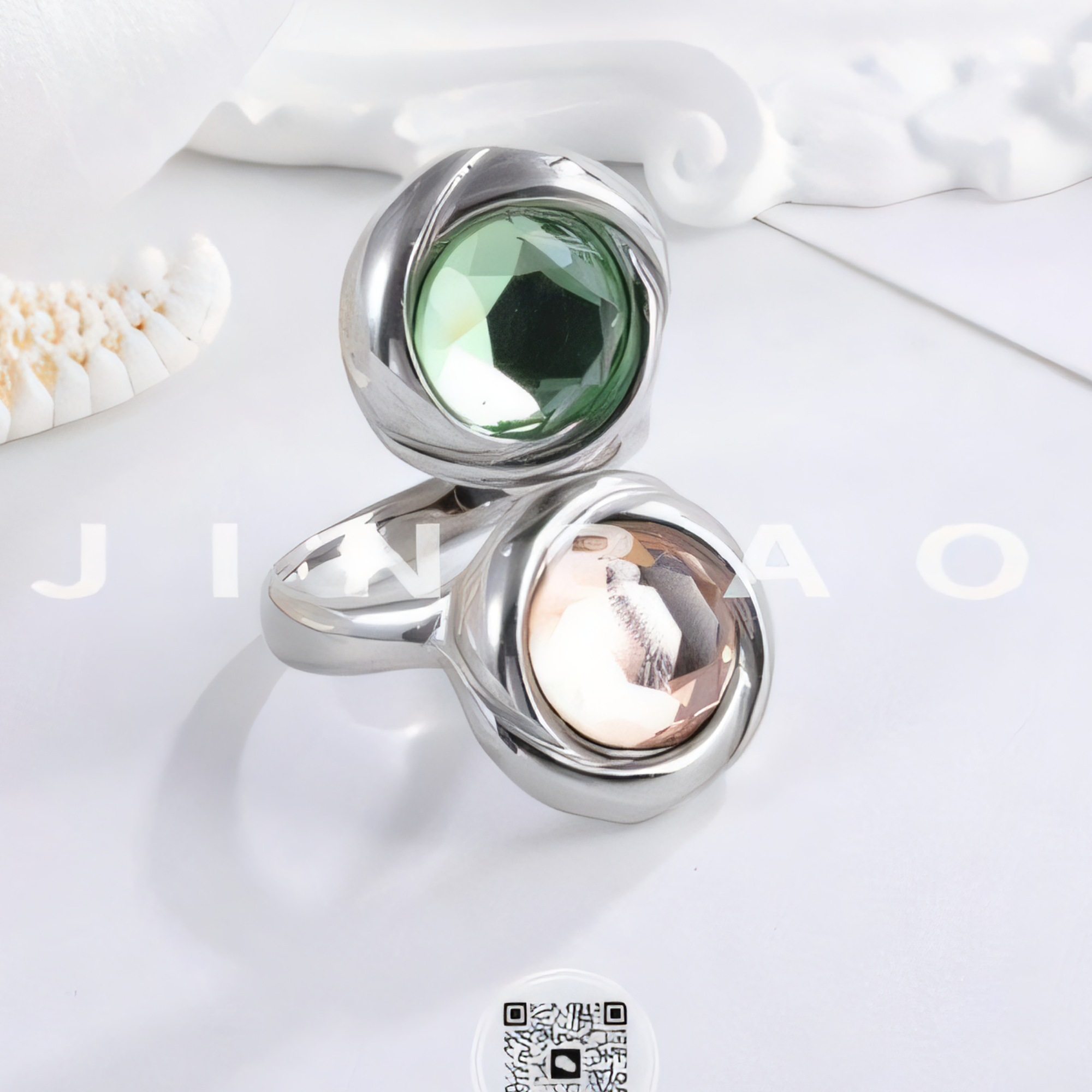 Elegant Stainless Steel Ring with Double Gemstone Design for Women |  G004502-JinBaoJewerly