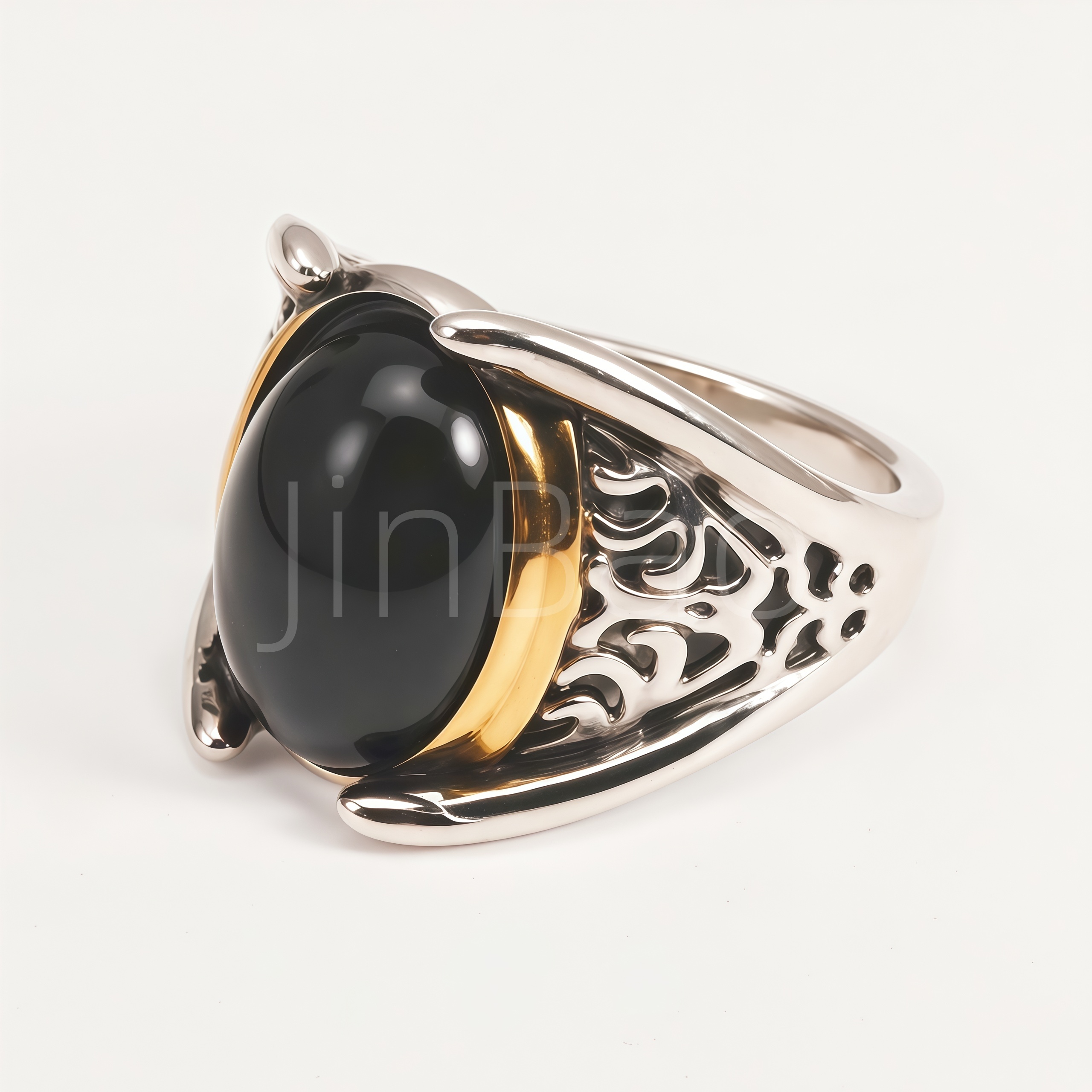 Retro Filigree Oval Black Cabochon Men Ring | B200