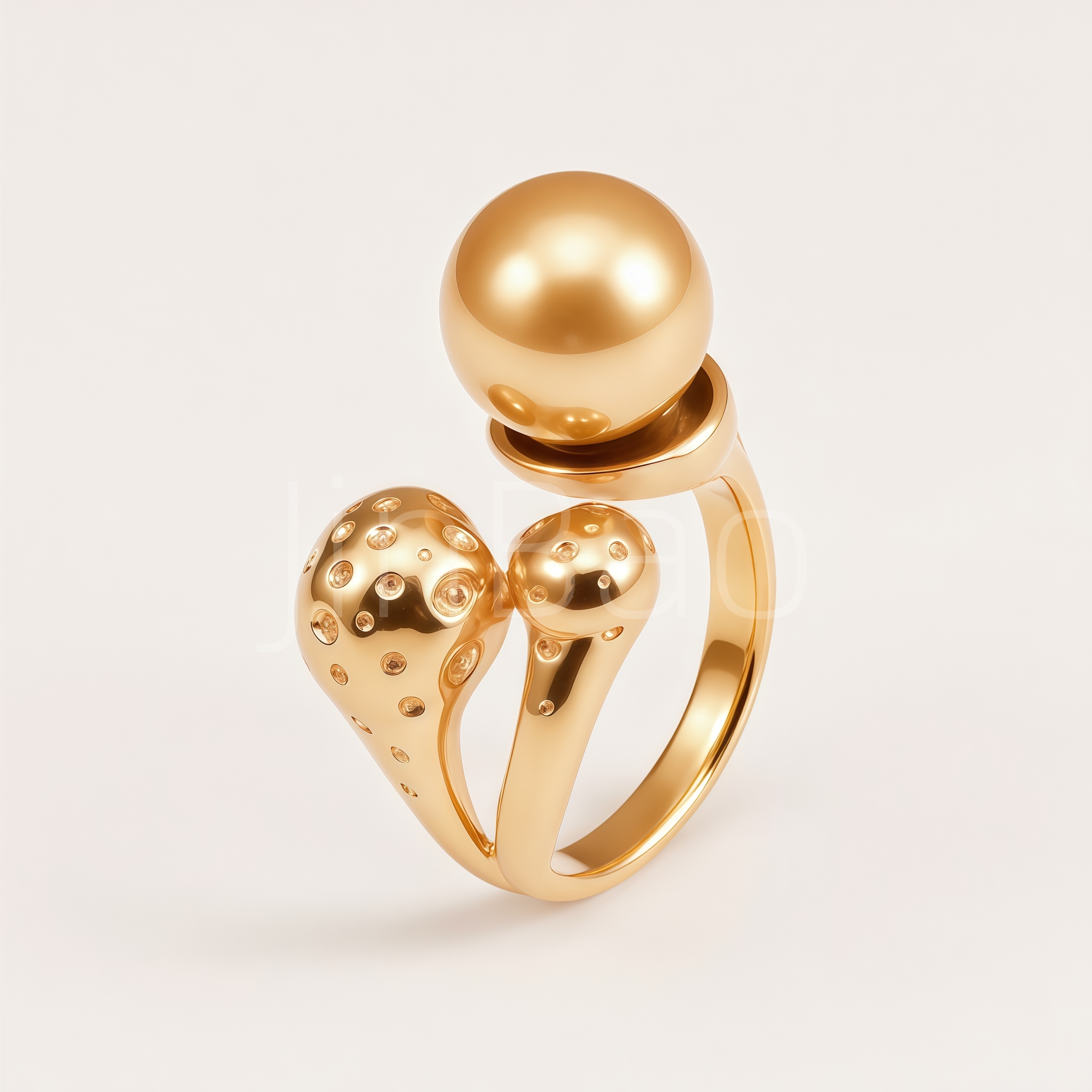 Hammered Textured Bud Golden Imitation Pearl Women's Ring | E00551