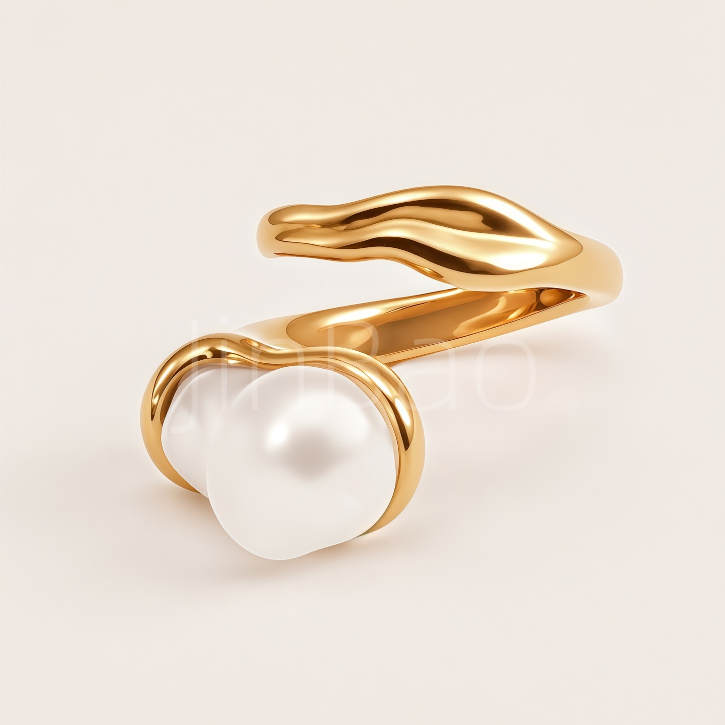 Fluid Metal Baroque Pearl Open Gold Adjustable Women's Ring | E00479