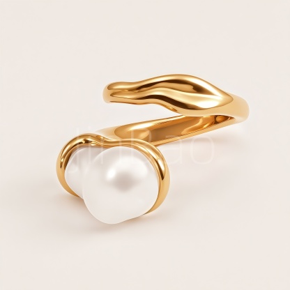 Fluid Metal Baroque Pearl Open Gold Adjustable Women's Ring | E00479