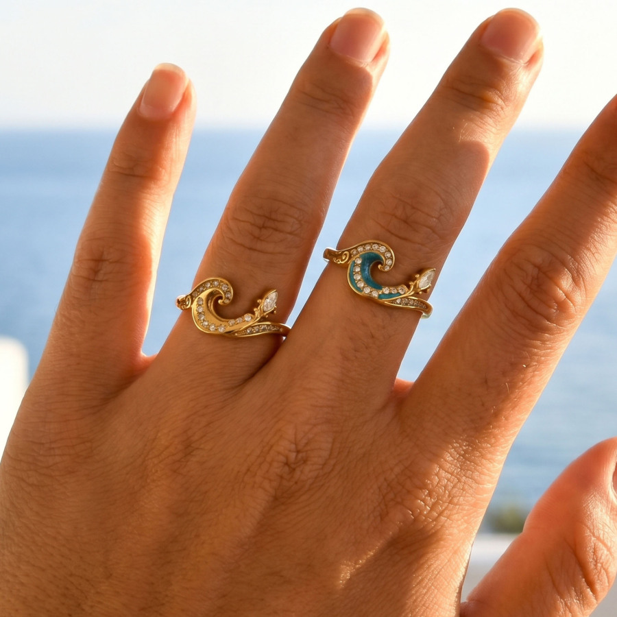 Ocean-style three-dimensional wave 18K stainless steel ring