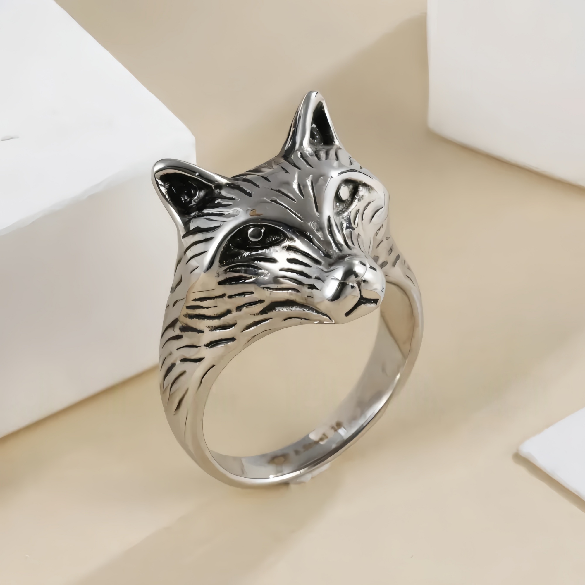 Fox Head Stainless Steel Ring Men Women Vintage Animal Jewelry Gift | DZ1391-JinBaoJewerly
