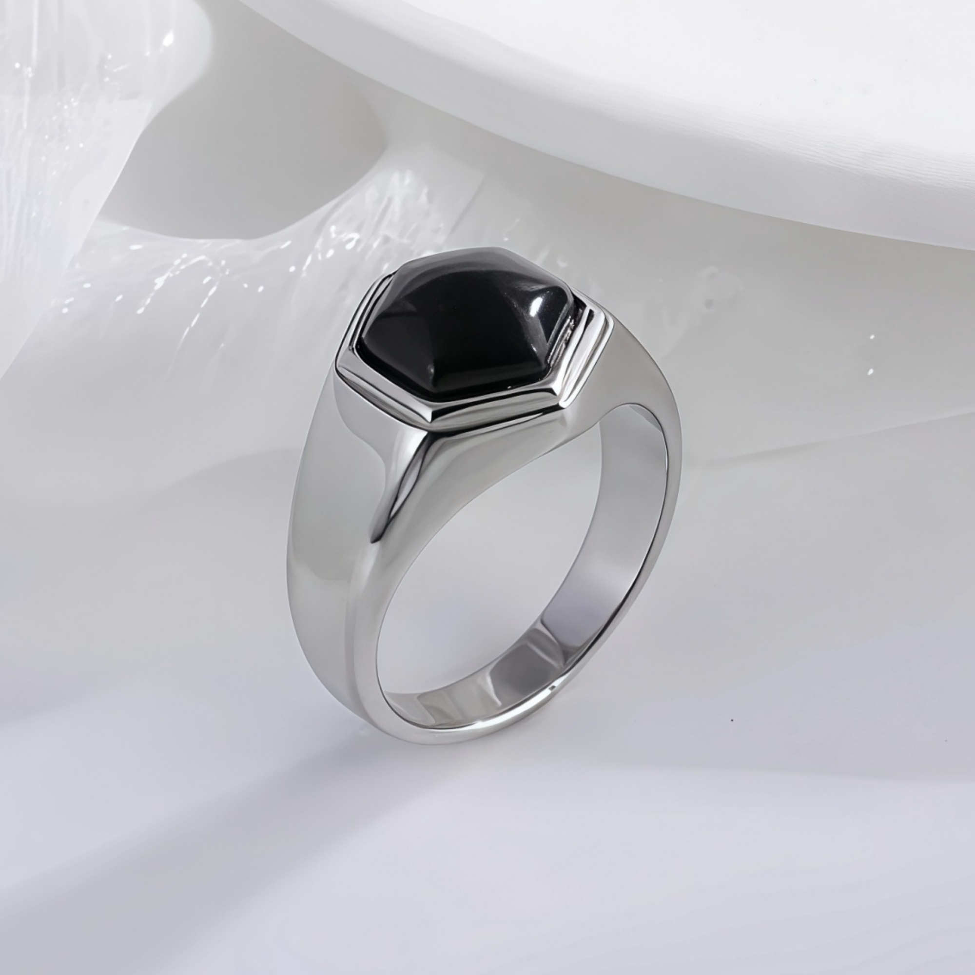 Hexagonal Stainless Steel Ring with Black Gemstone Classic Fashion for Men | K002786-JinBaoJewerly
